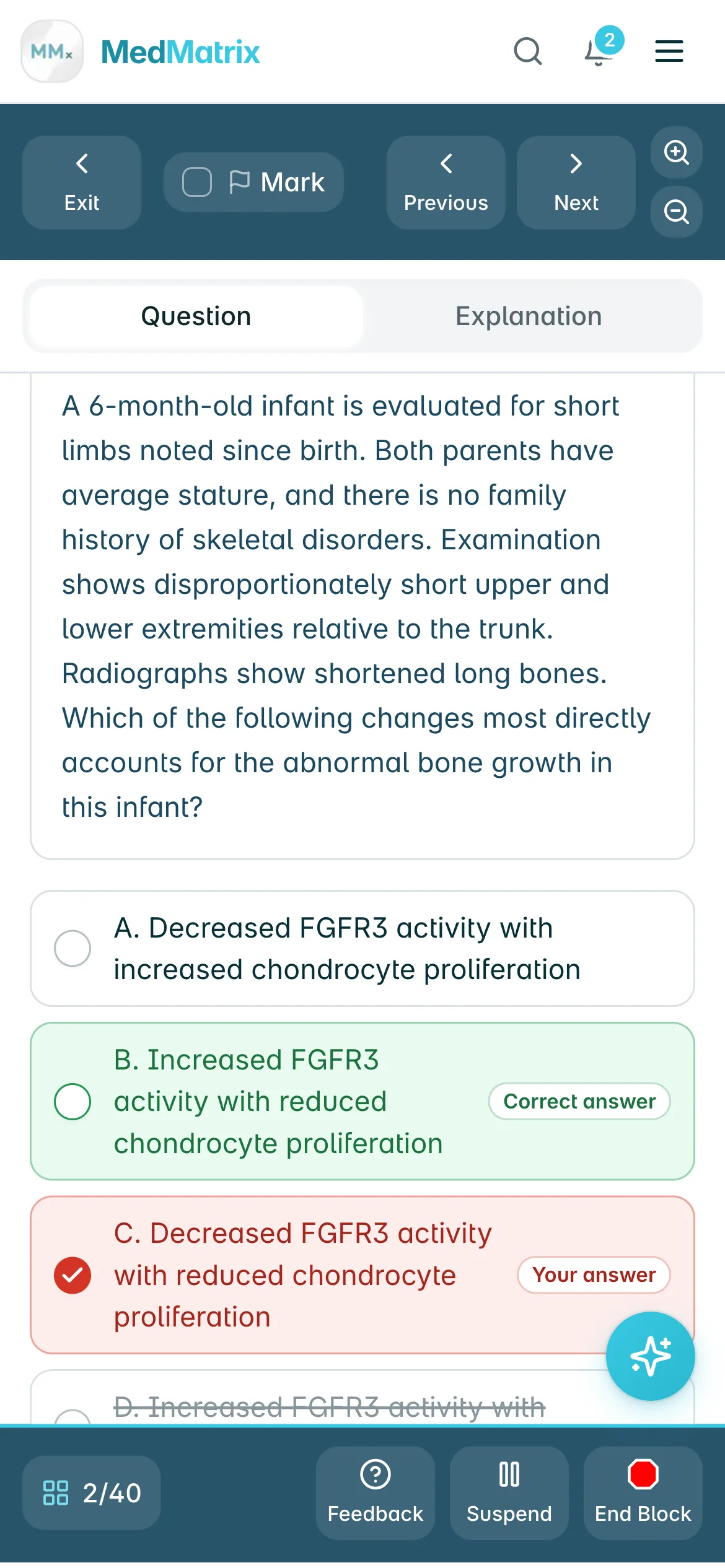 A MedMatrix practice question on iPhone