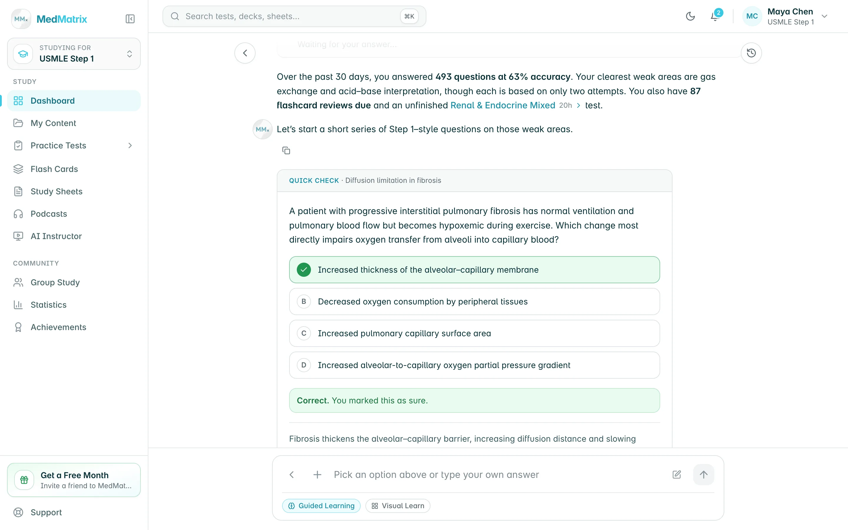 The MedMatrix AI tutor chat quizzing a student on their weakest topics
