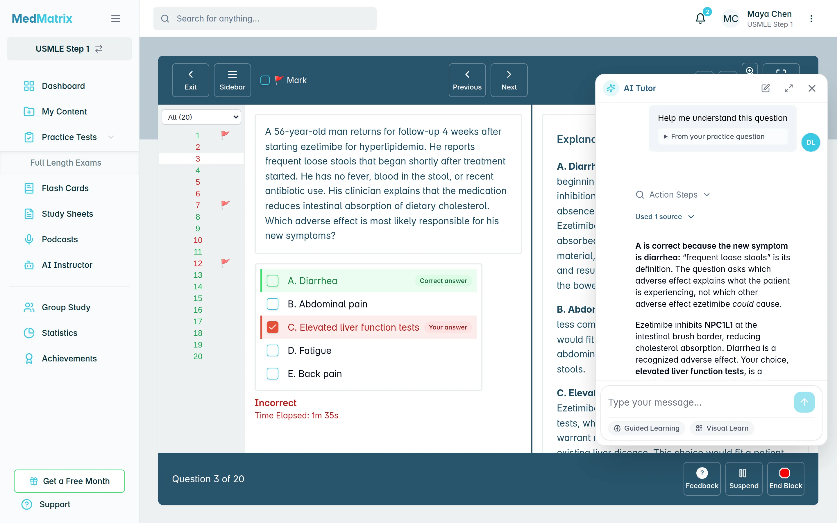 A MedMatrix USMLE Step 1 practice question with the AI tutor explaining the answer