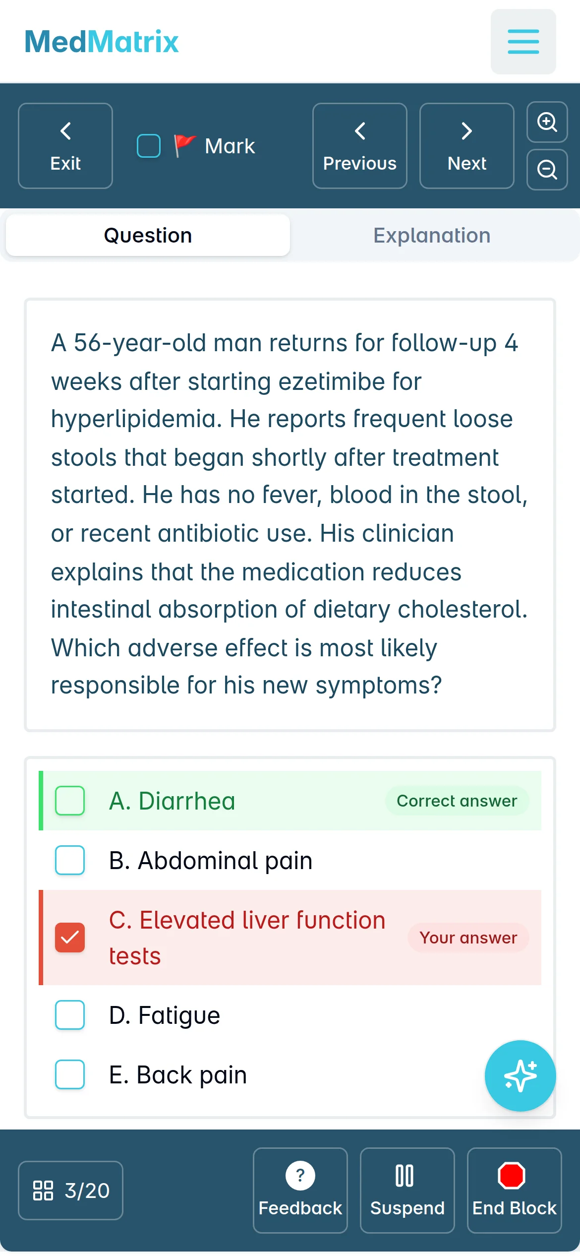 A MedMatrix practice question on iPhone