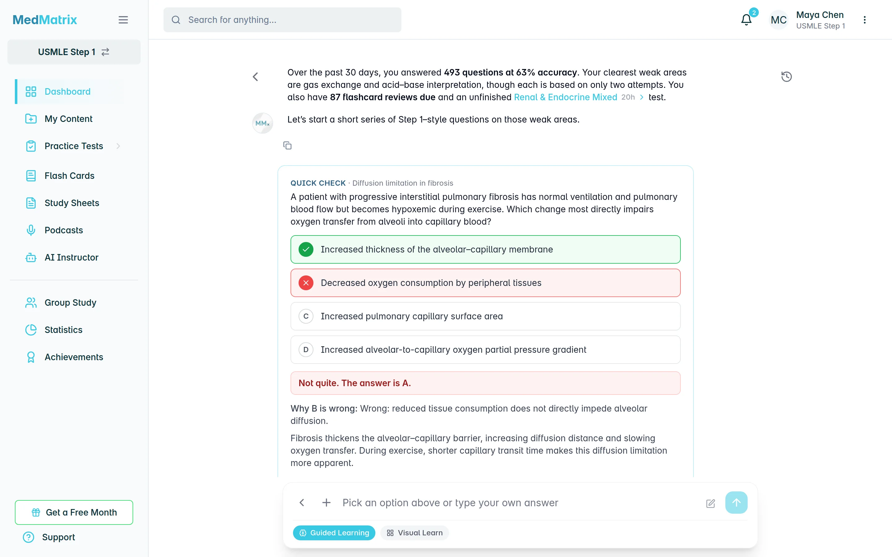 The MedMatrix AI tutor chat quizzing a student on their weakest topics