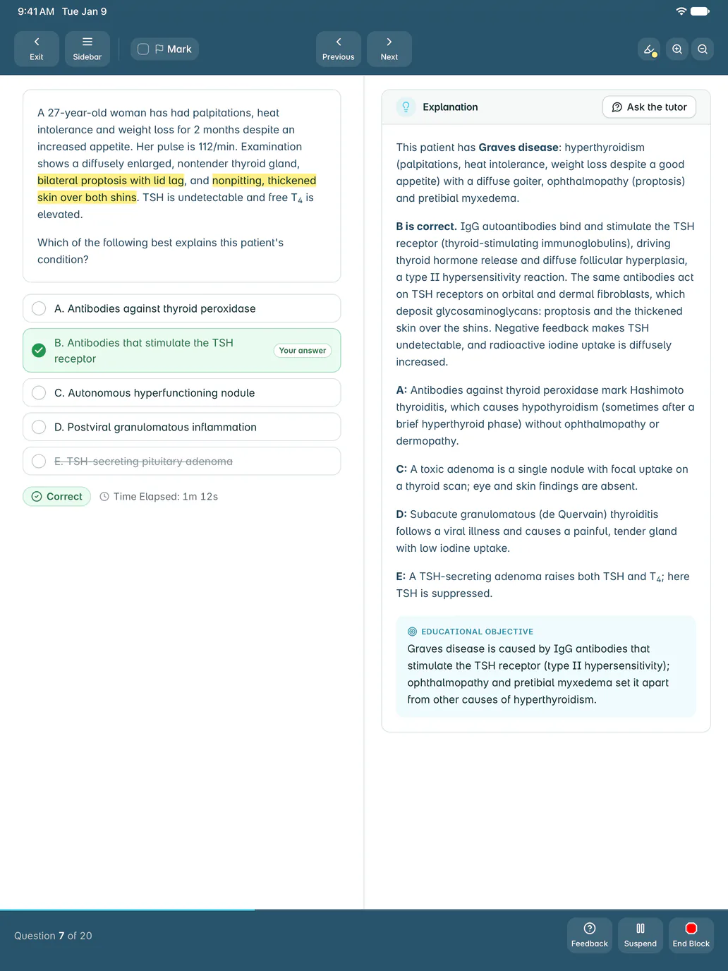 MedMatrix on iPad: a practice question beside its full explanation